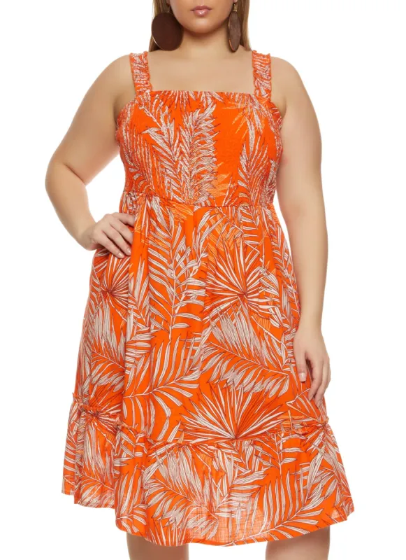 Plus Size Palm Print Smocked Sundress sold by Rainbow