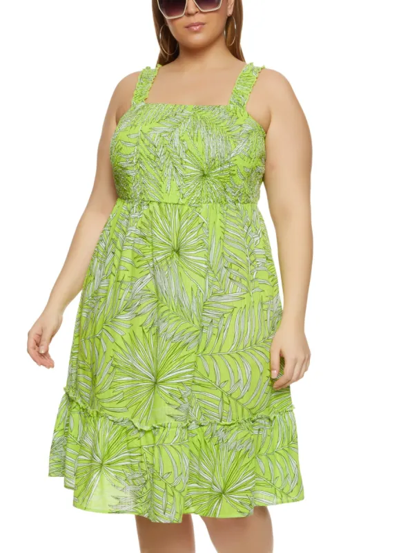Plus Size Palm Print Smocked Sundress sold by Rainbow