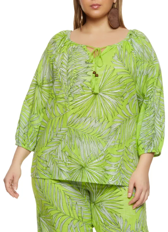 Plus Size Palm Printed Tie Neck Peasant Top sold by Rainbow