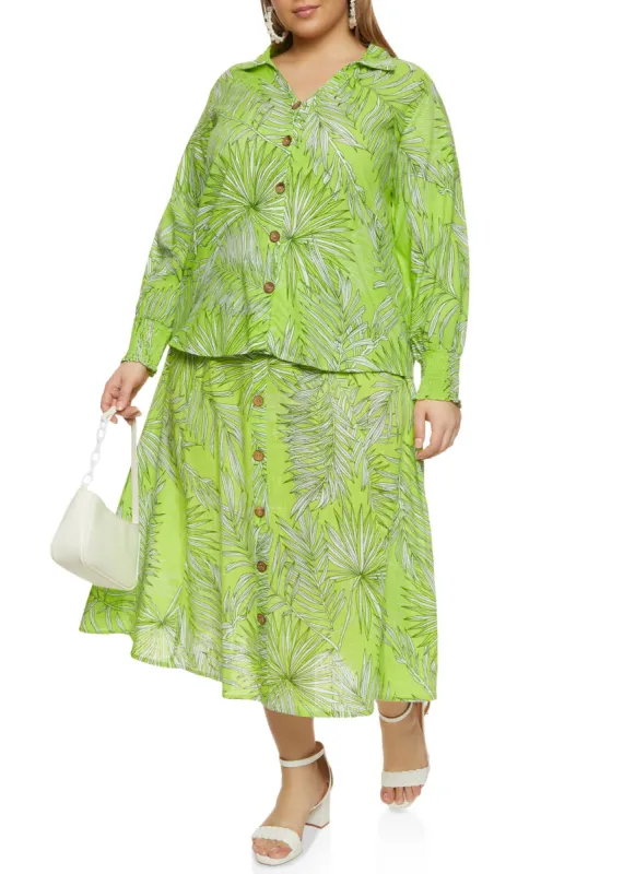 Plus Size Palm Print Button Front Shirt sold by Rainbow