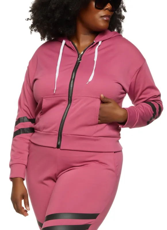 Plus Size Zip Front Varsity Stripe Detail Hoodie sold by Rainbow