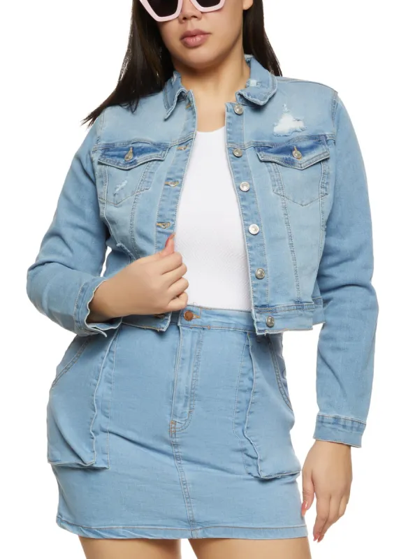 Plus Size WAX Distressed Cropped Jean Jacket sold by Rainbow