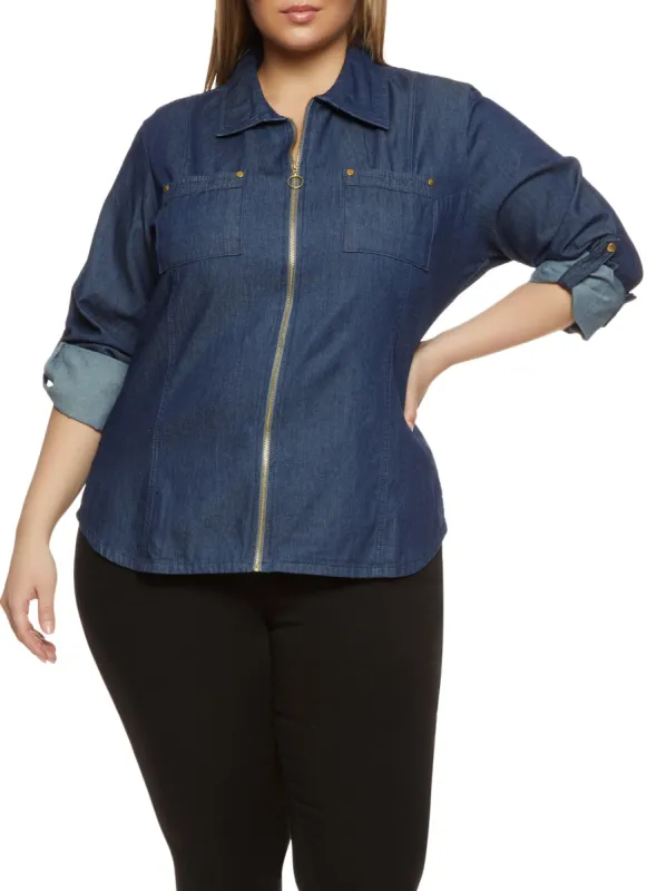 Plus Size Chambray Zip Front Shirt sold by Rainbow