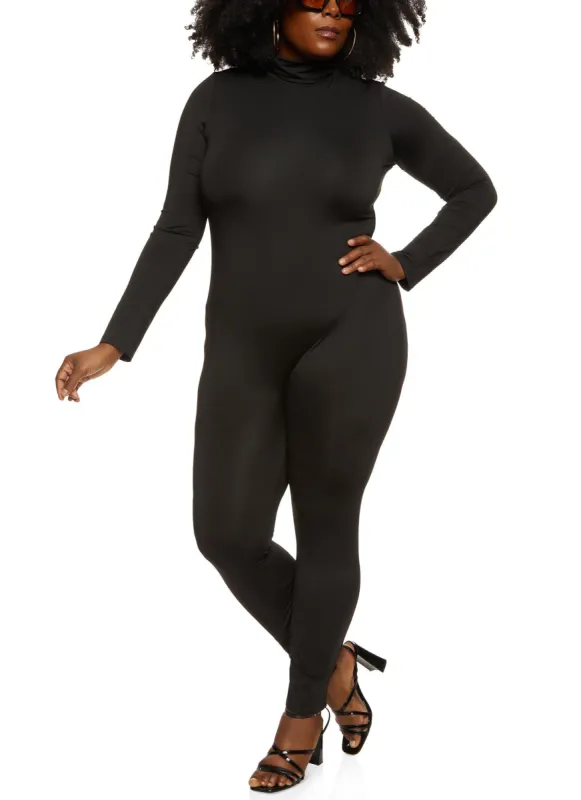 Plus Size Mock Neck Long Sleeve Catsuit sold by Rainbow