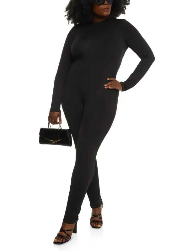 Plus Size Long Sleeve Mock Neck Catsuit sold by Rainbow