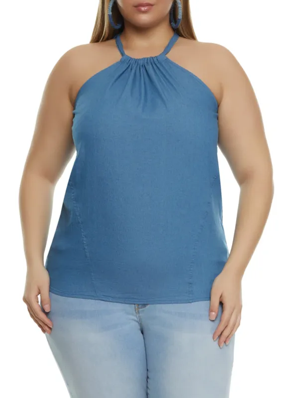 Plus Size Solid Denim Halter Top sold by Rainbow