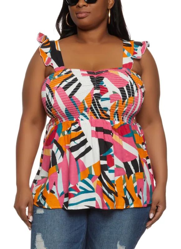 Plus Size Printed Sleeveless Smocked Tank Top sold by Rainbow