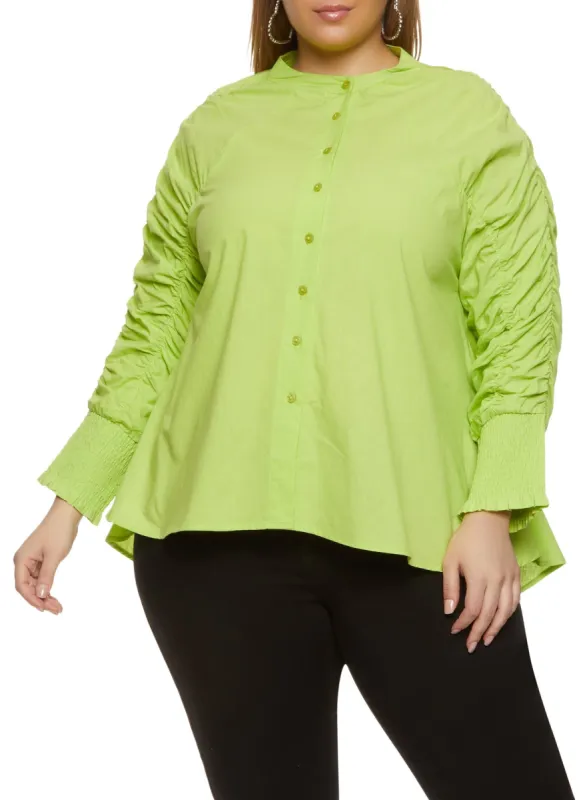 Plus Size Ruched Smocked Sleeve High Low Shirt sold by Rainbow