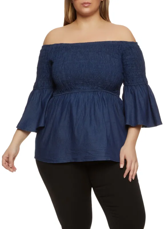 Plus Size Denim Smocked Off the Shoulder Blouse sold by Rainbow