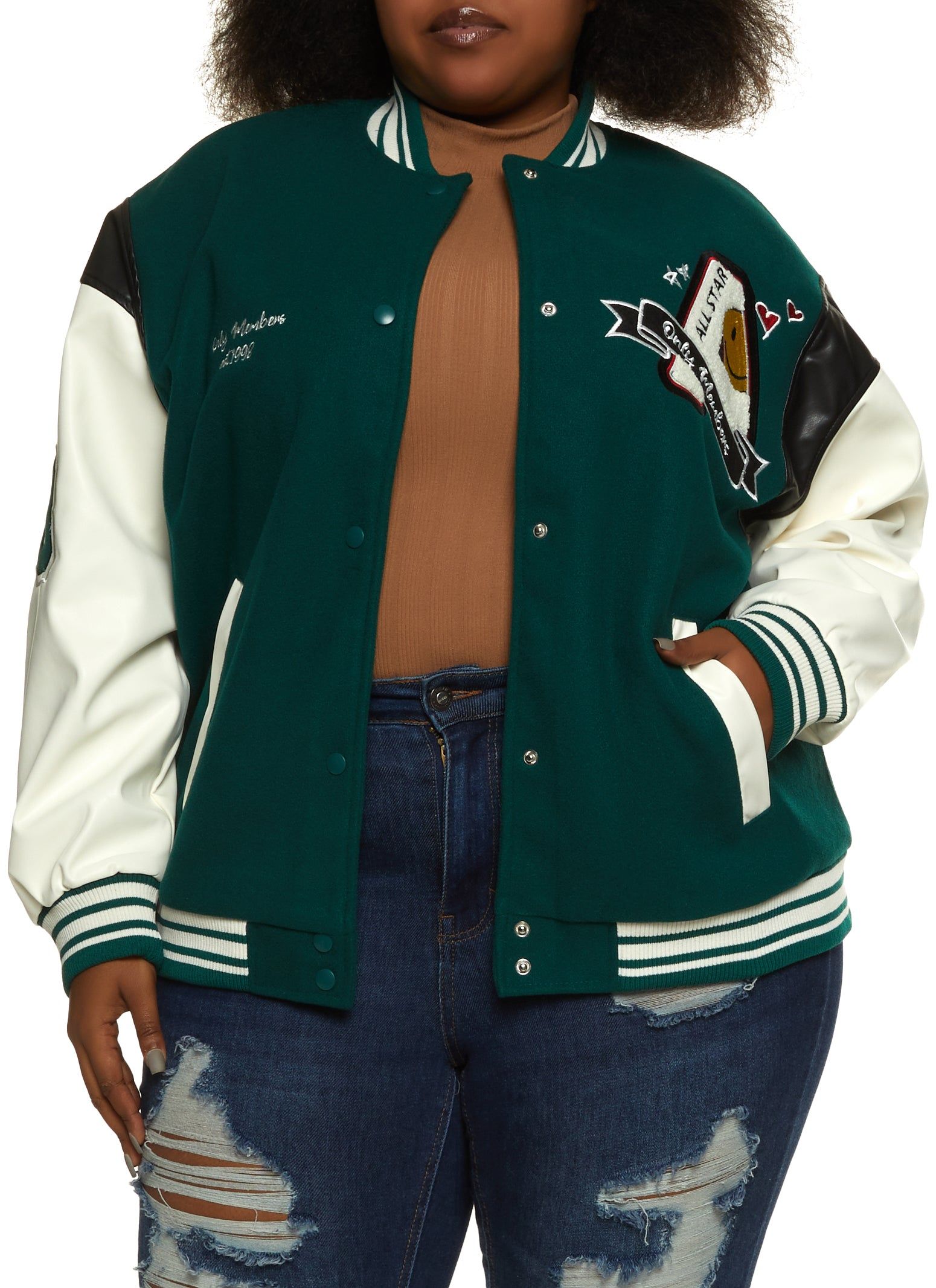 Plus Size Only Members Chenille Patch Varsity Bomber Jacket sold by Rainbow