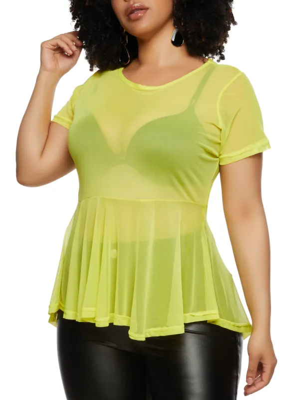 Plus Size Sheer Mesh Short Sleeve Peplum Top sold by Rainbow