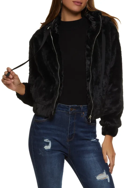 Faux Fur Zip Front Hooded Bomber Jacket sold by Rainbow