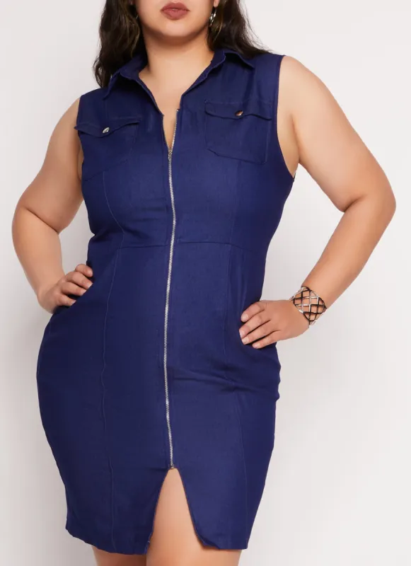 Plus Size Zip Front Denim Shirt Dress sold by Rainbow