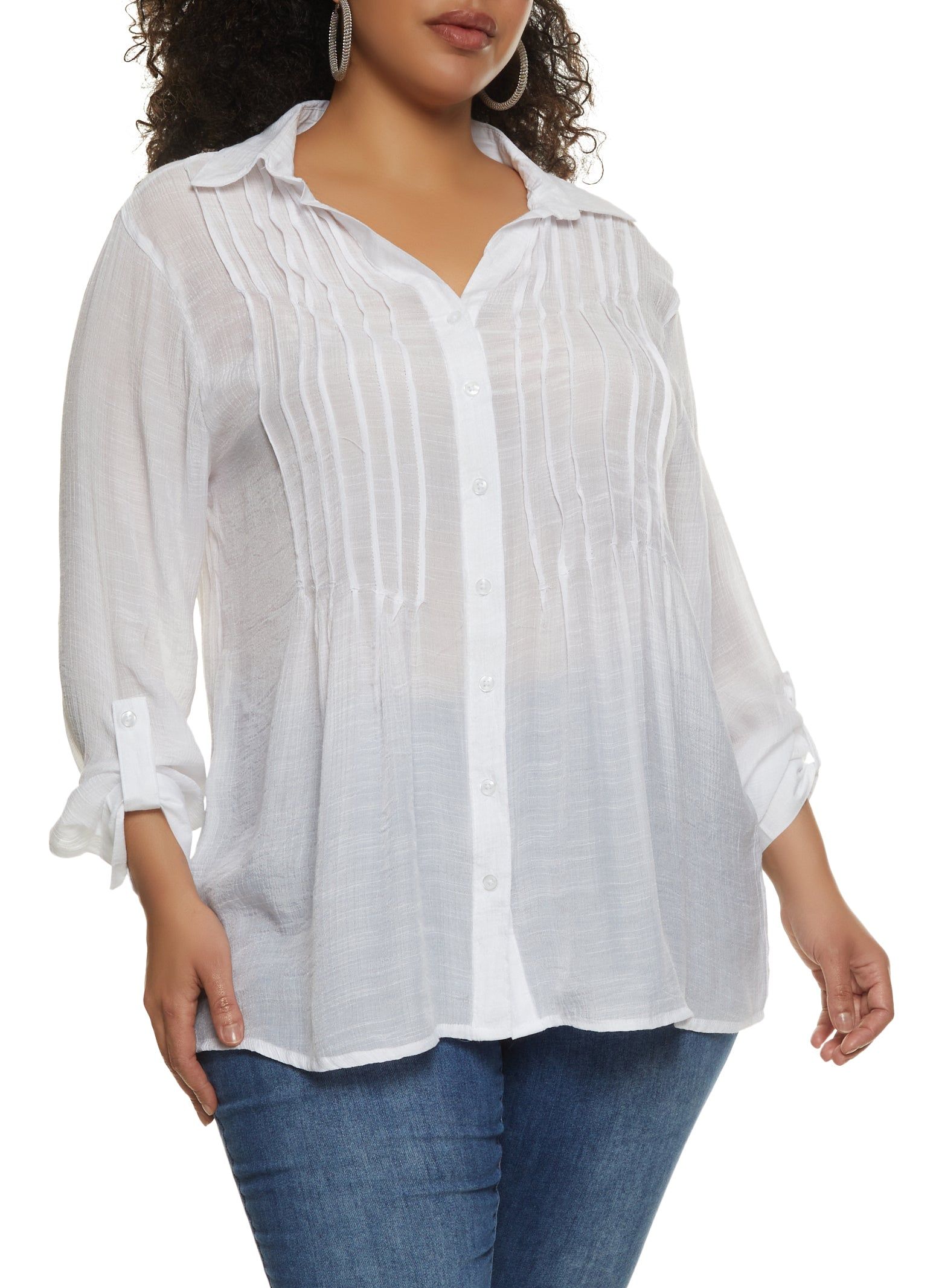 Plus Size Pintuck Button Down Gauze Shirt sold by Rainbow
