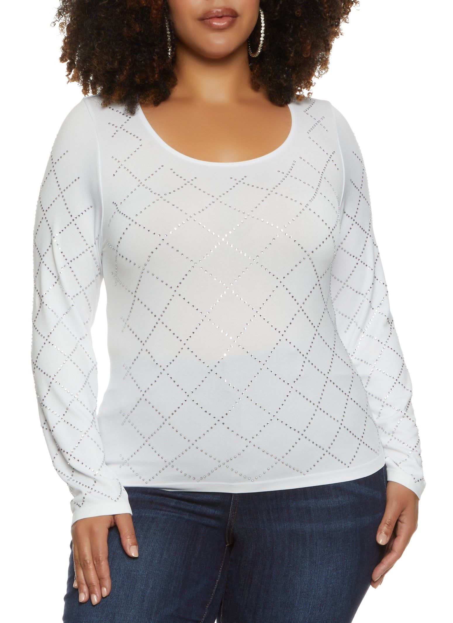 Plus Size Scoop Neck Rhinestone Printed T Shirt sold by Rainbow