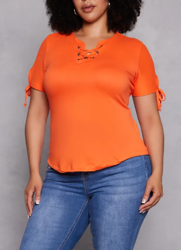 Plus Size Lace Up Notch Neck Tie Sleeve Tee sold by Rainbow