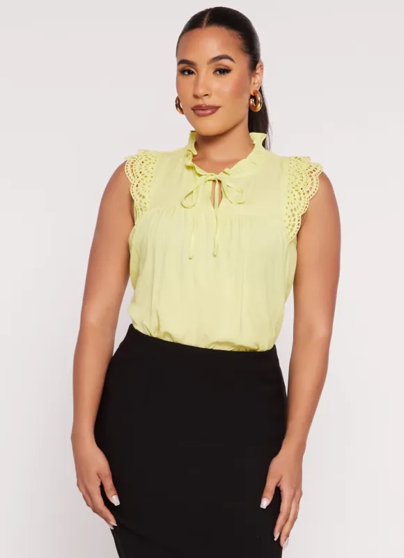 Gauze Knit Crochet Detail Tie Neck Blouse sold by Rainbow