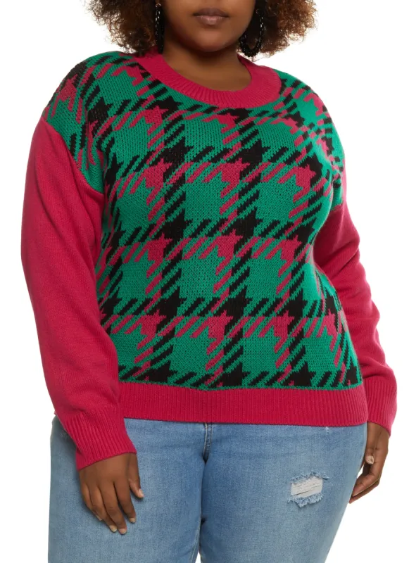 Plus Size Color Blocked Houndstooth Sweater sold by Rainbow