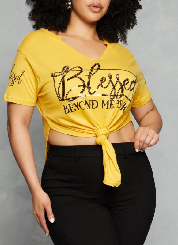 Plus Size Sequin Blessed Beyond Measure Graphic Top sold by Rainbow