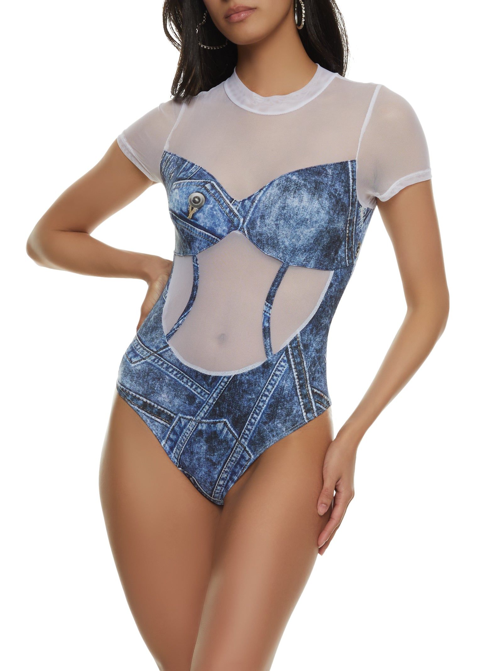Denim Print Mesh Bodysuit sold by Rainbow