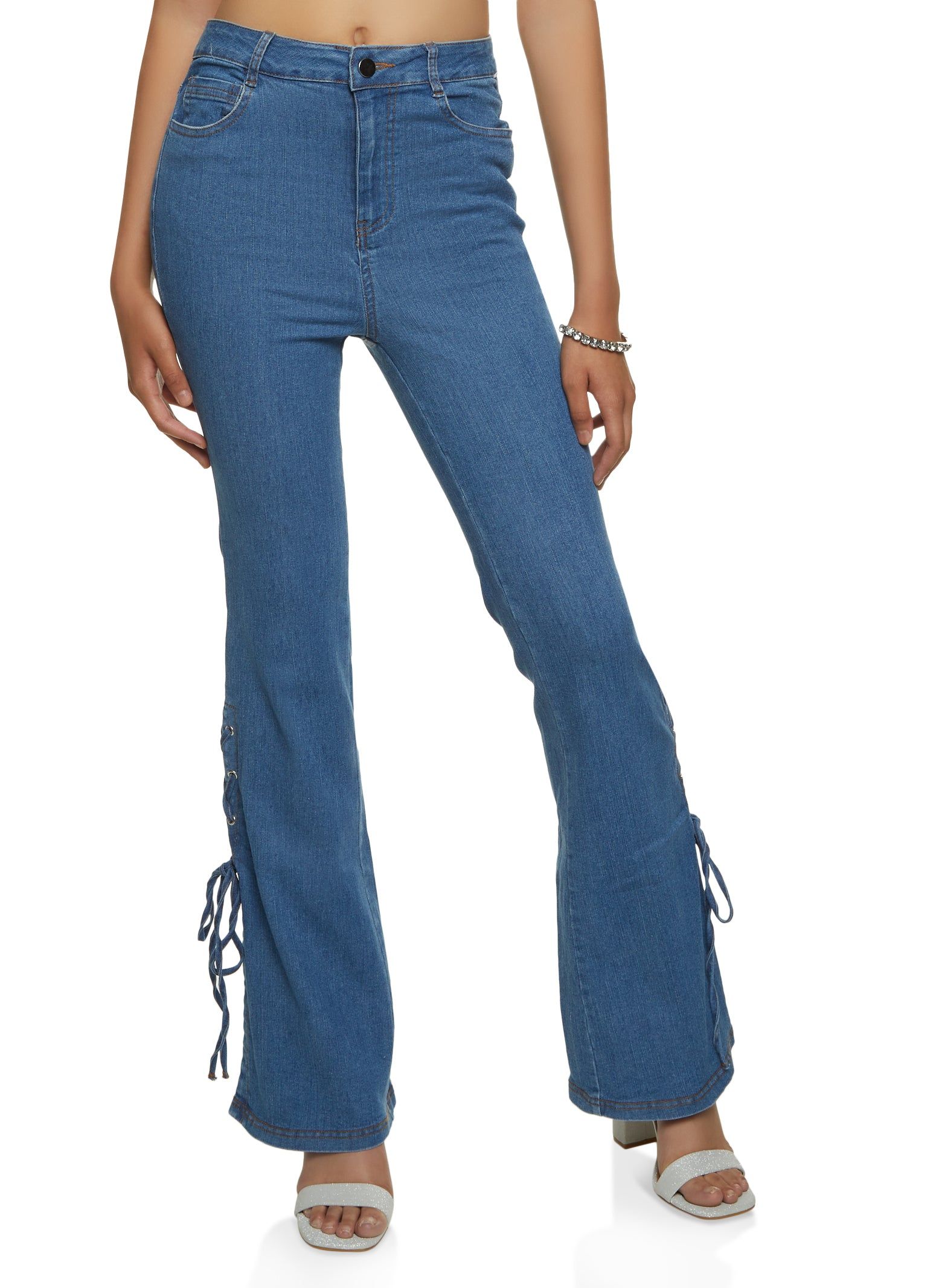 Lace Up Detail High Waist Jeans sold by Rainbow