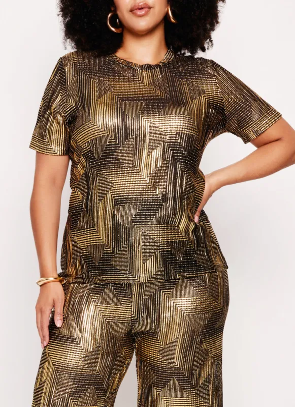 Plus Size Printed Foil Screen Short Sleeve Top sold by Rainbow