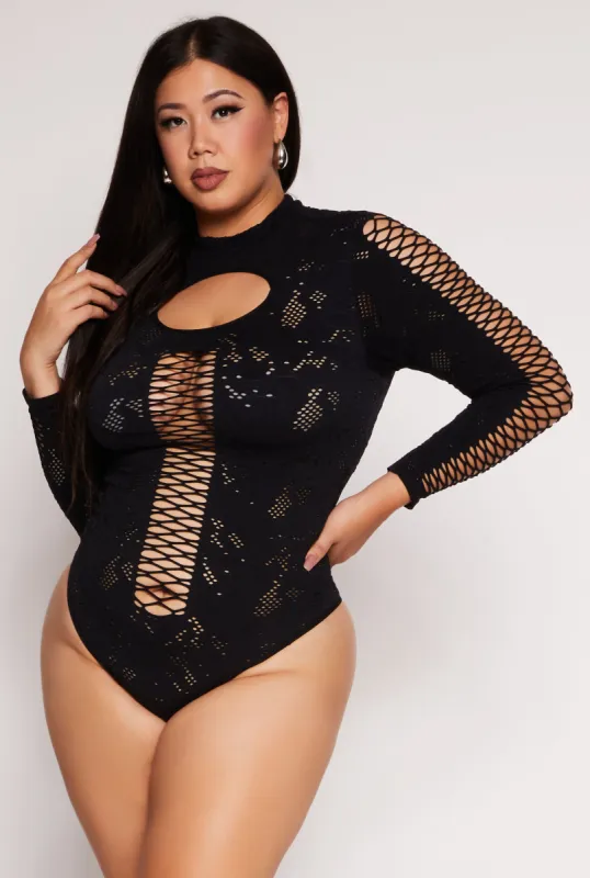 Plus Size Keyhole Fishnet Detail Long Sleeve Bodysuit sold by Rainbow