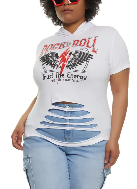 Plus Size Rock and Roll Laser Cut Hooded Graphic Tee sold by Rainbow