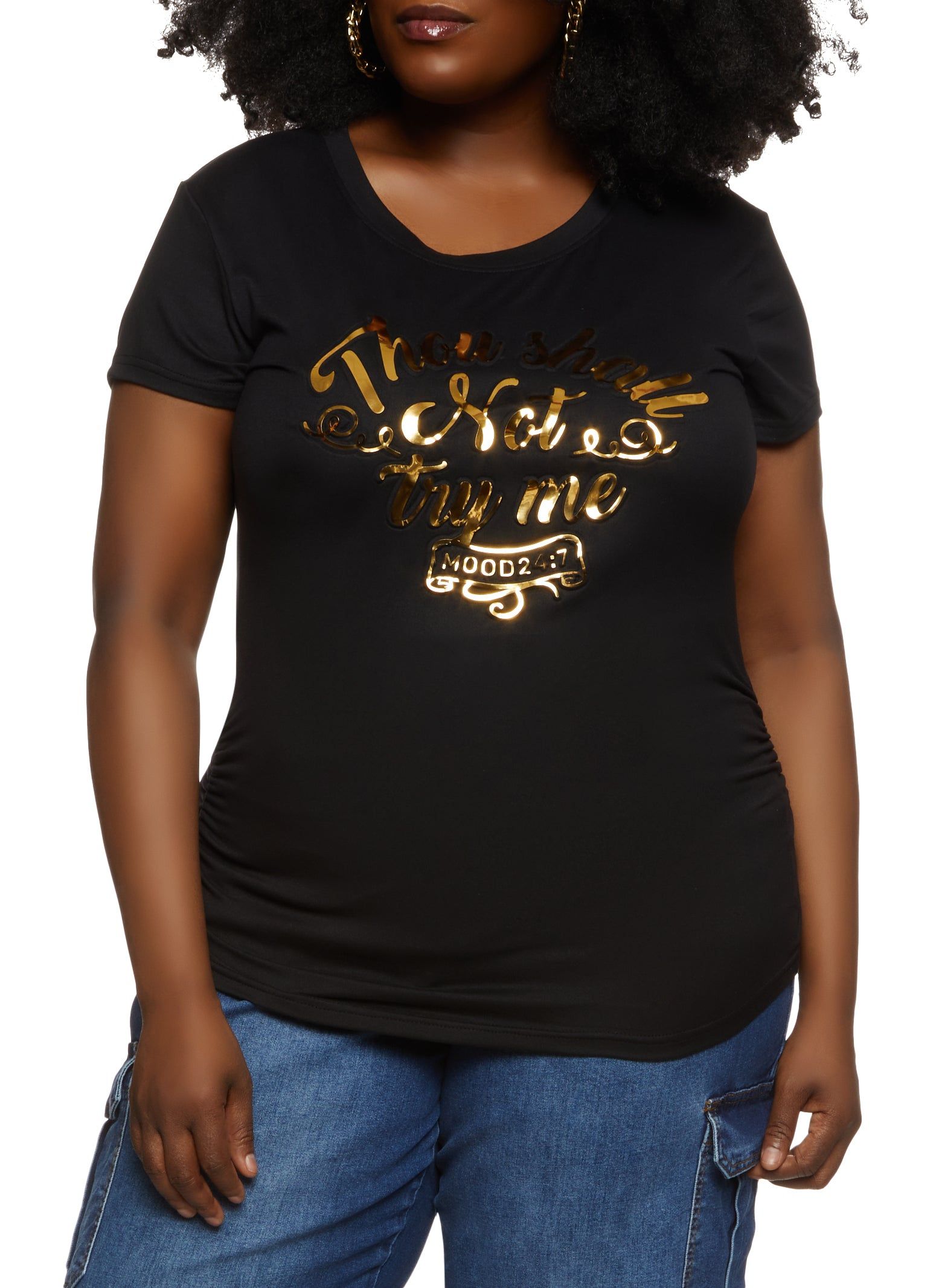 Plus Size Thou Shall Not Try Me Embossed Foil Graphic Tee sold by Rainbow