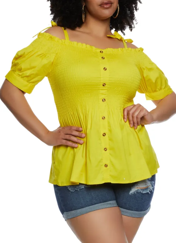 Plus Size Smocked Tie Strap Cold Shoulder Top sold by Rainbow
