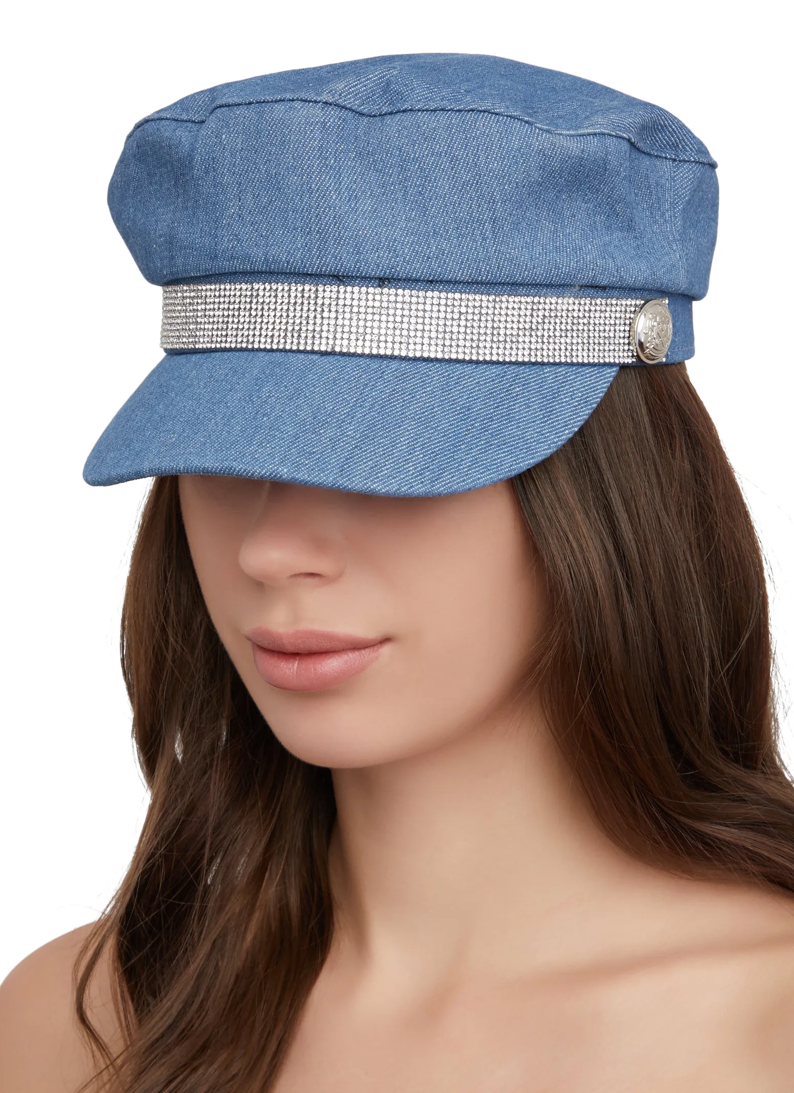 Rhinestone Trim Denim Cabbie Hat sold by Rainbow