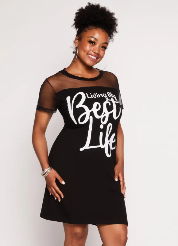 Plus Size Mesh Insert Living My Best Life T Shirt Dress sold by Rainbow