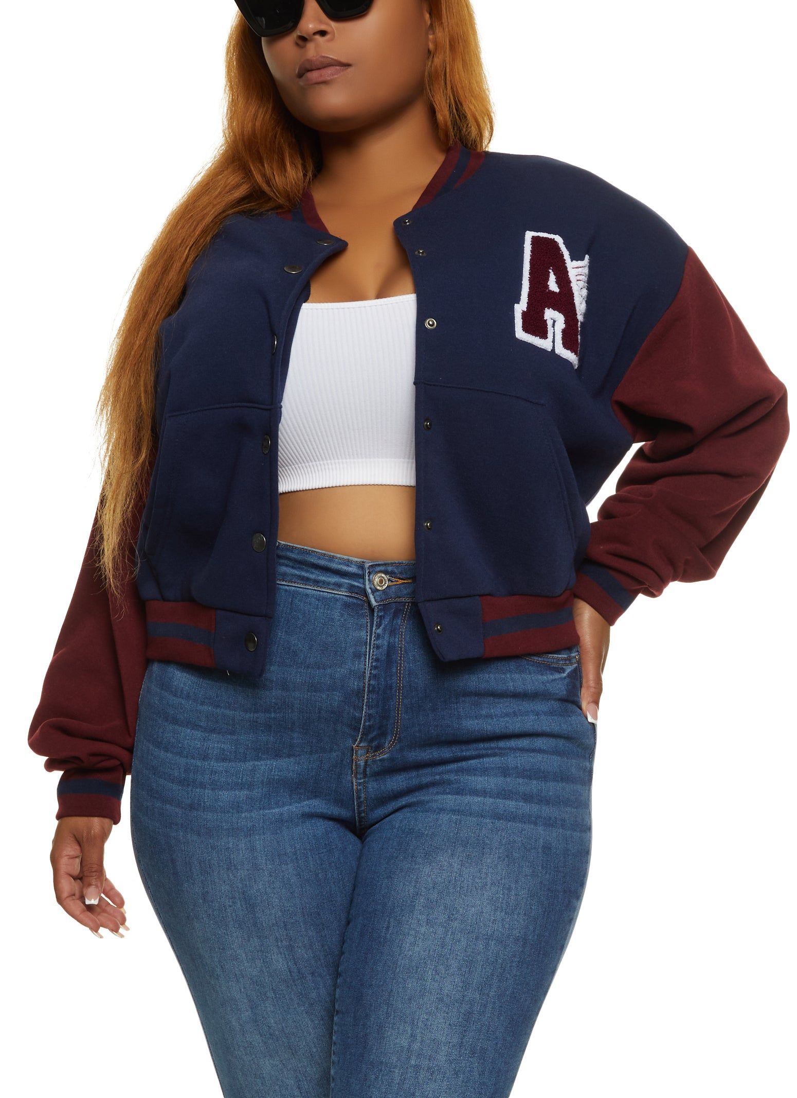 Plus Size A Initial Chenille Patch Varsity Jacket sold by Rainbow