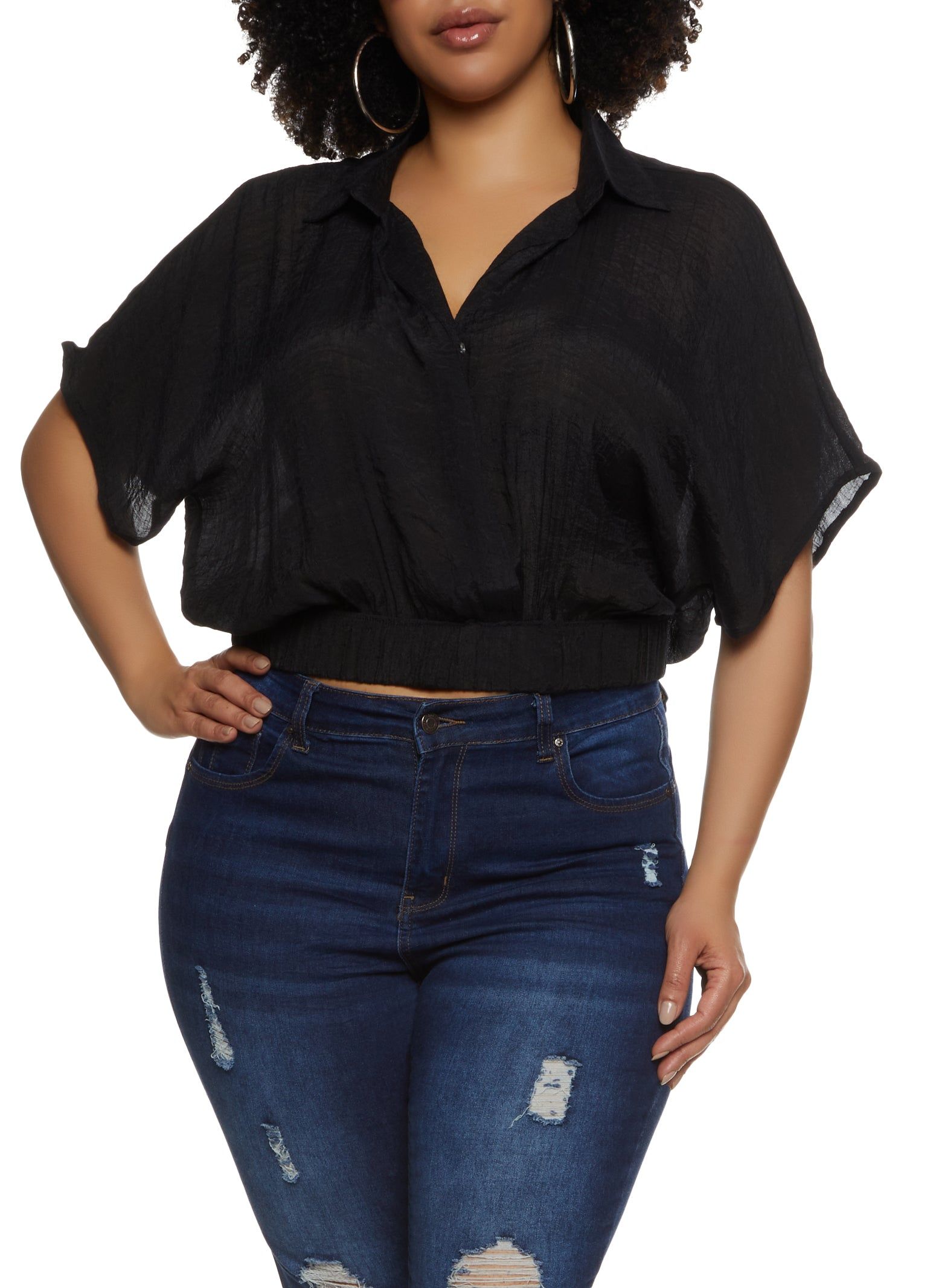 Plus Size Elastic Waist Cropped V Neck Shirt sold by Rainbow