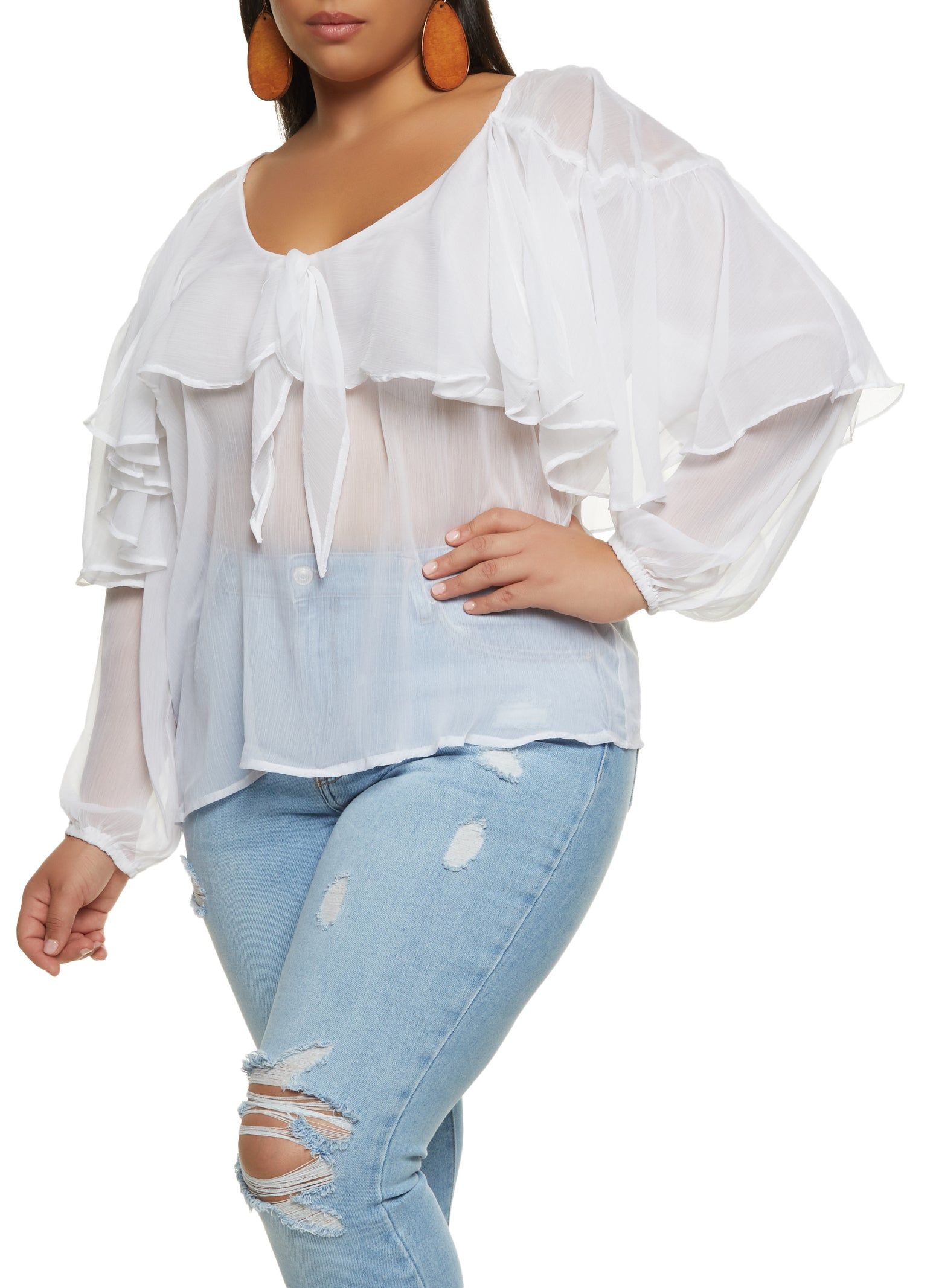 Plus Size Knot Detail Waterfall Frill Blouse sold by Rainbow