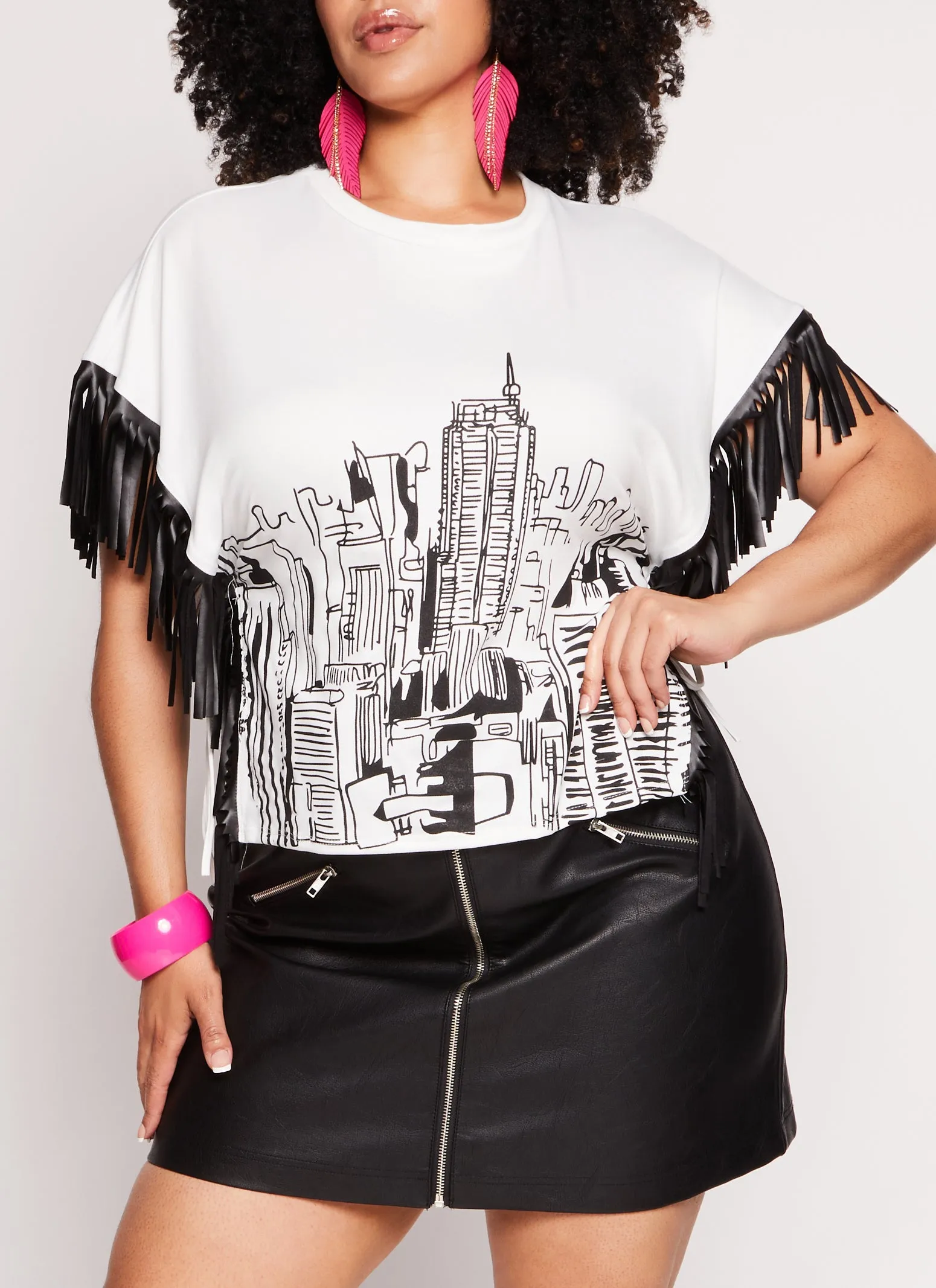 Plus Size Skyline Fringe Hem Graphic Tee sold by Rainbow