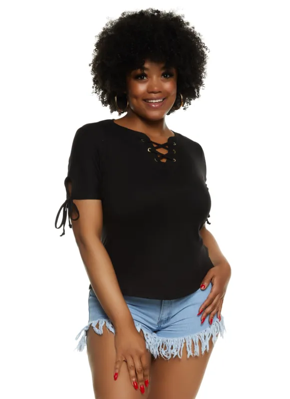 Plus Size Lace Up Notch Neck Tie Sleeve Tee sold by Rainbow