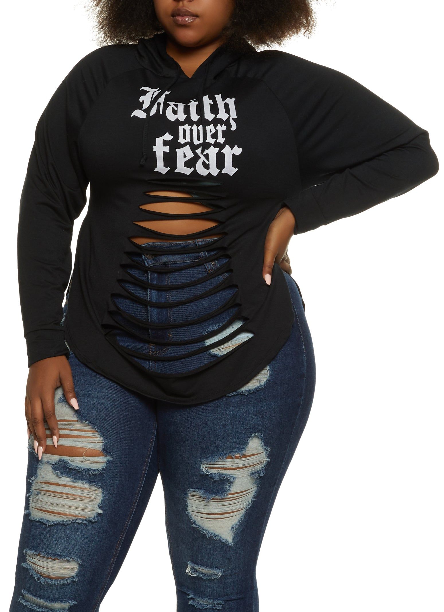 Plus Size Faith Over Fear Laser Cut Graphic Hoodie sold by Rainbow