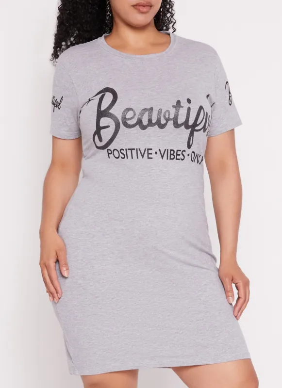 Plus Size Beautiful Positive Vibes Only Graphic T Shirt Dress sold by Rainbow
