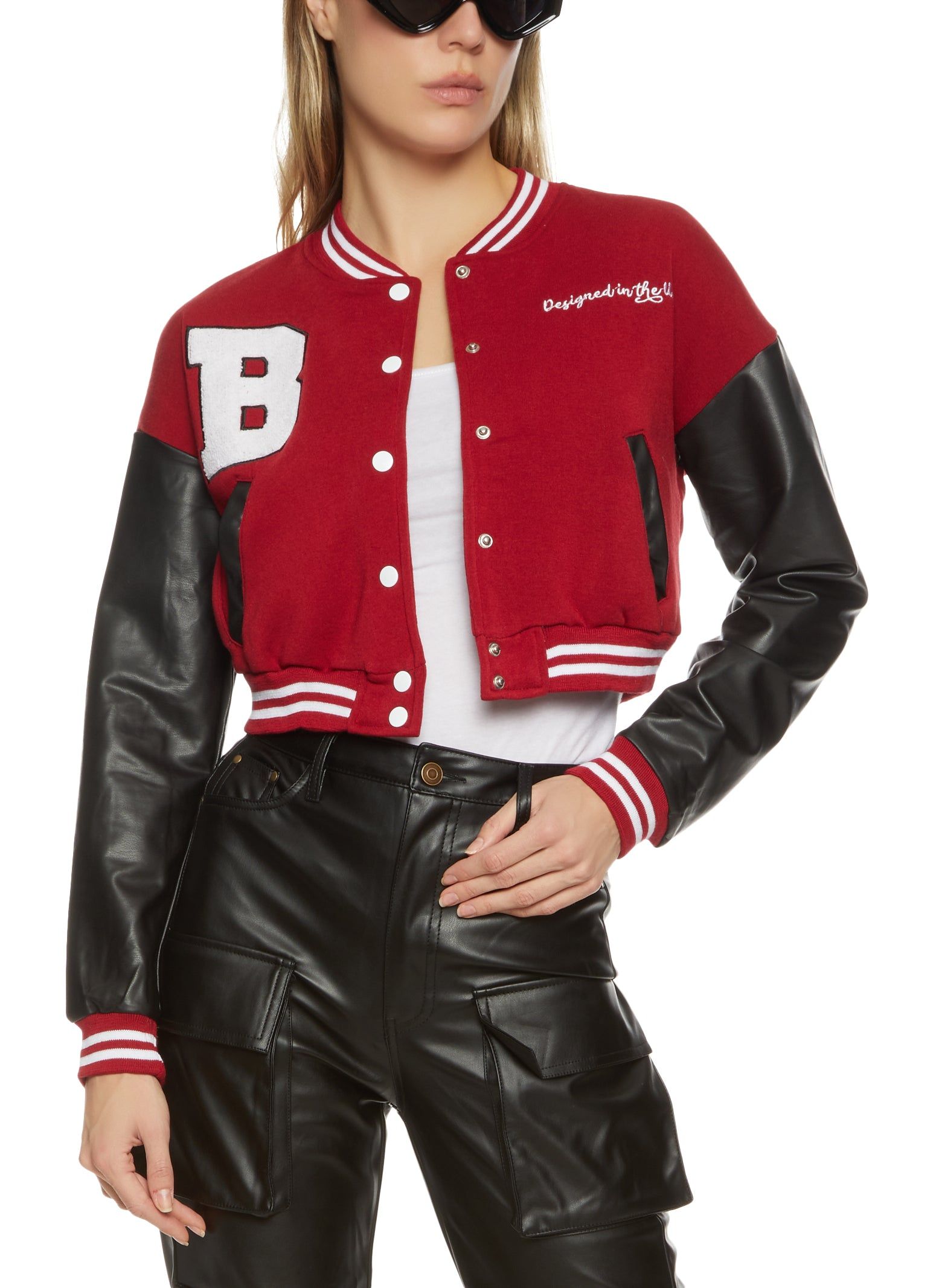 Faux Leather Sleeve Patch Varsity Jacket sold by Rainbow
