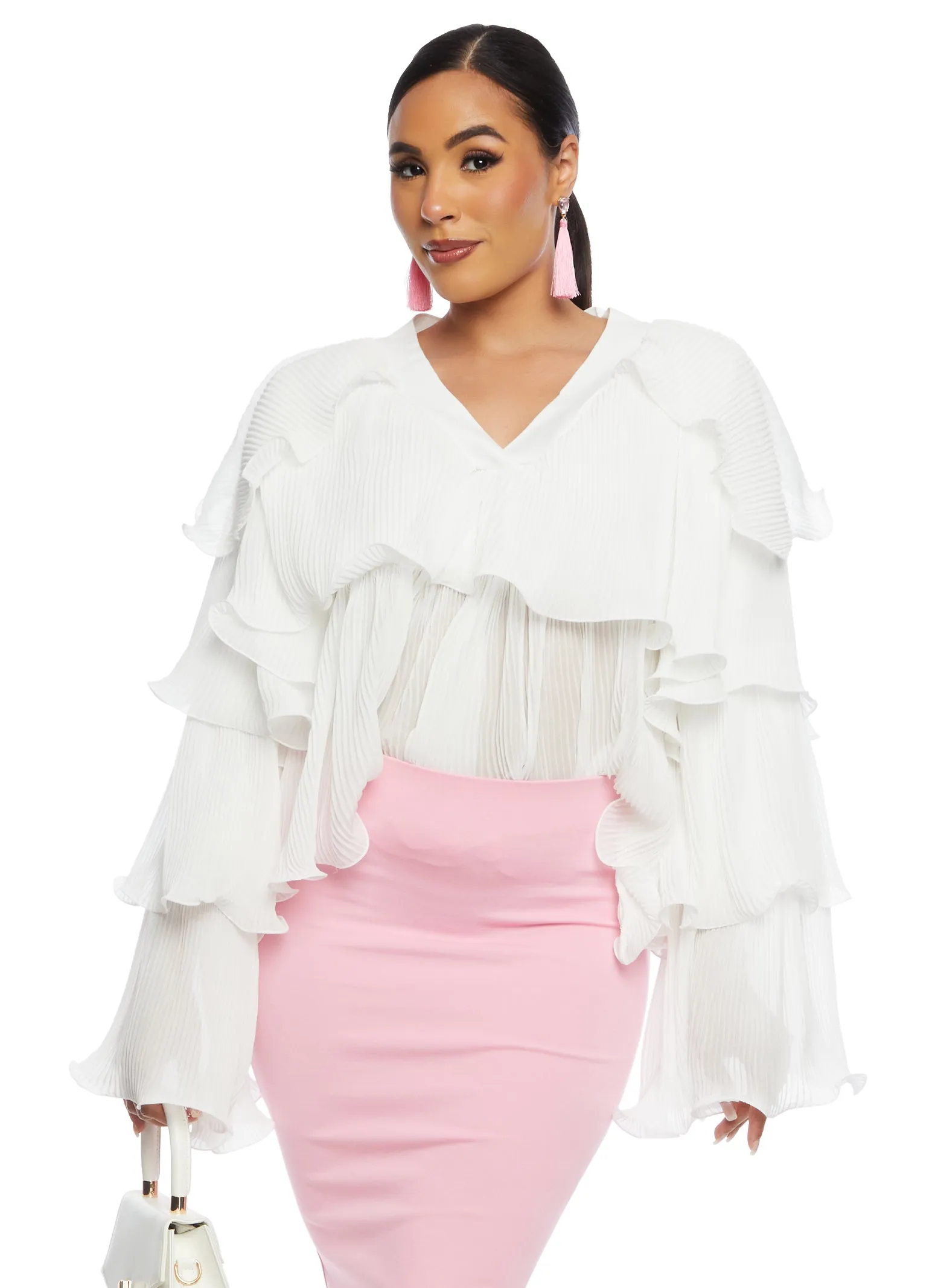 Plisse Ruffled Tiered Long Sleeve Blouse sold by Rainbow