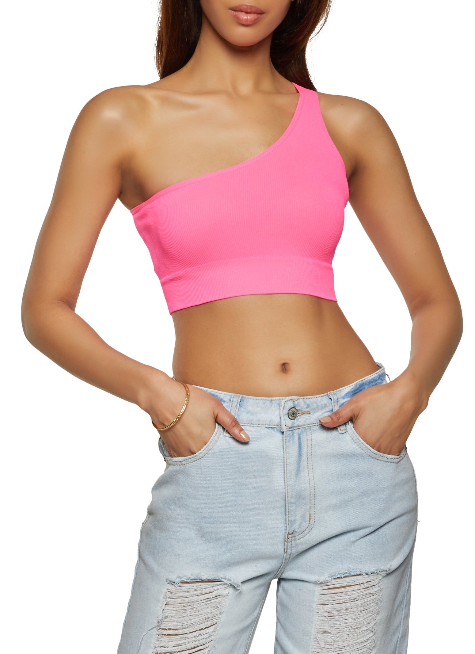 Seamless Rib Knit One Shoulder Crop Top sold by Rainbow