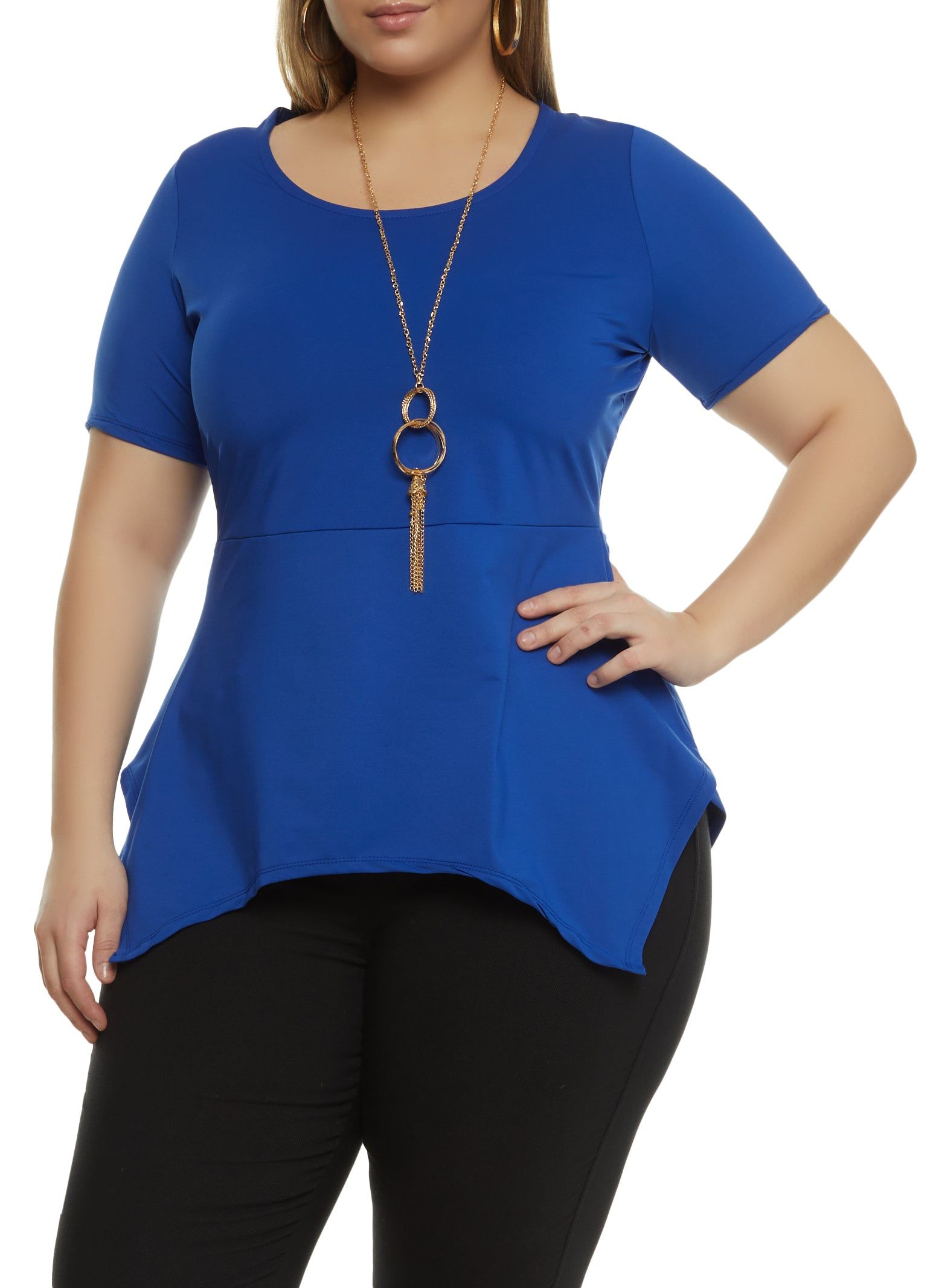 Plus Size Scoop Neck Sharkbite Hem Top with Necklace sold by Rainbow