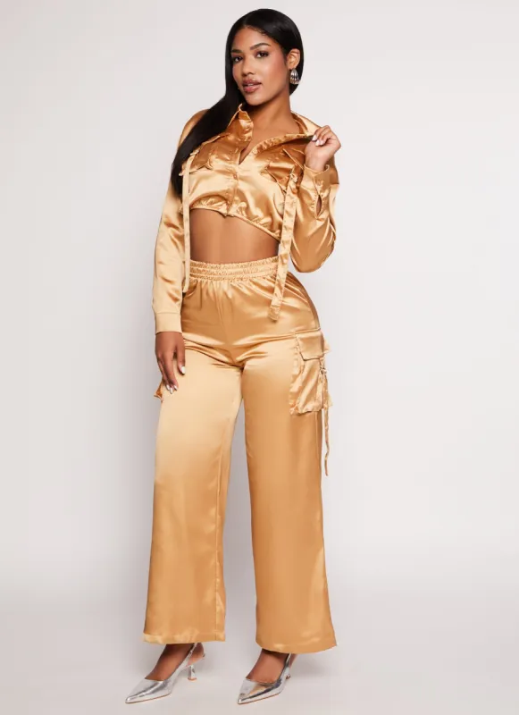 Satin Wide Leg Cargo Pocket Pants sold by Rainbow