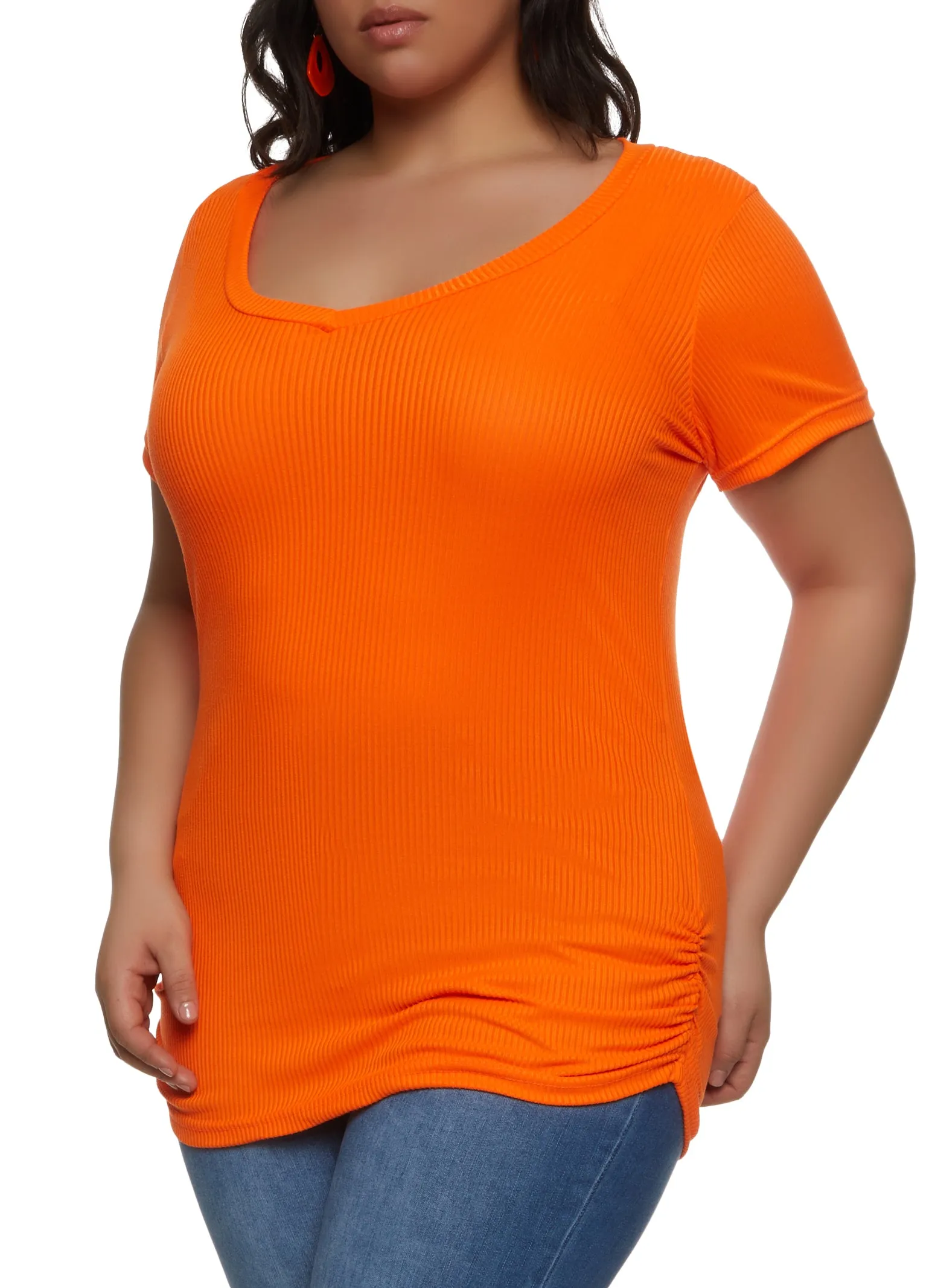 Plus Size Rib Knit Ruched Side V Neck Tee sold by Rainbow