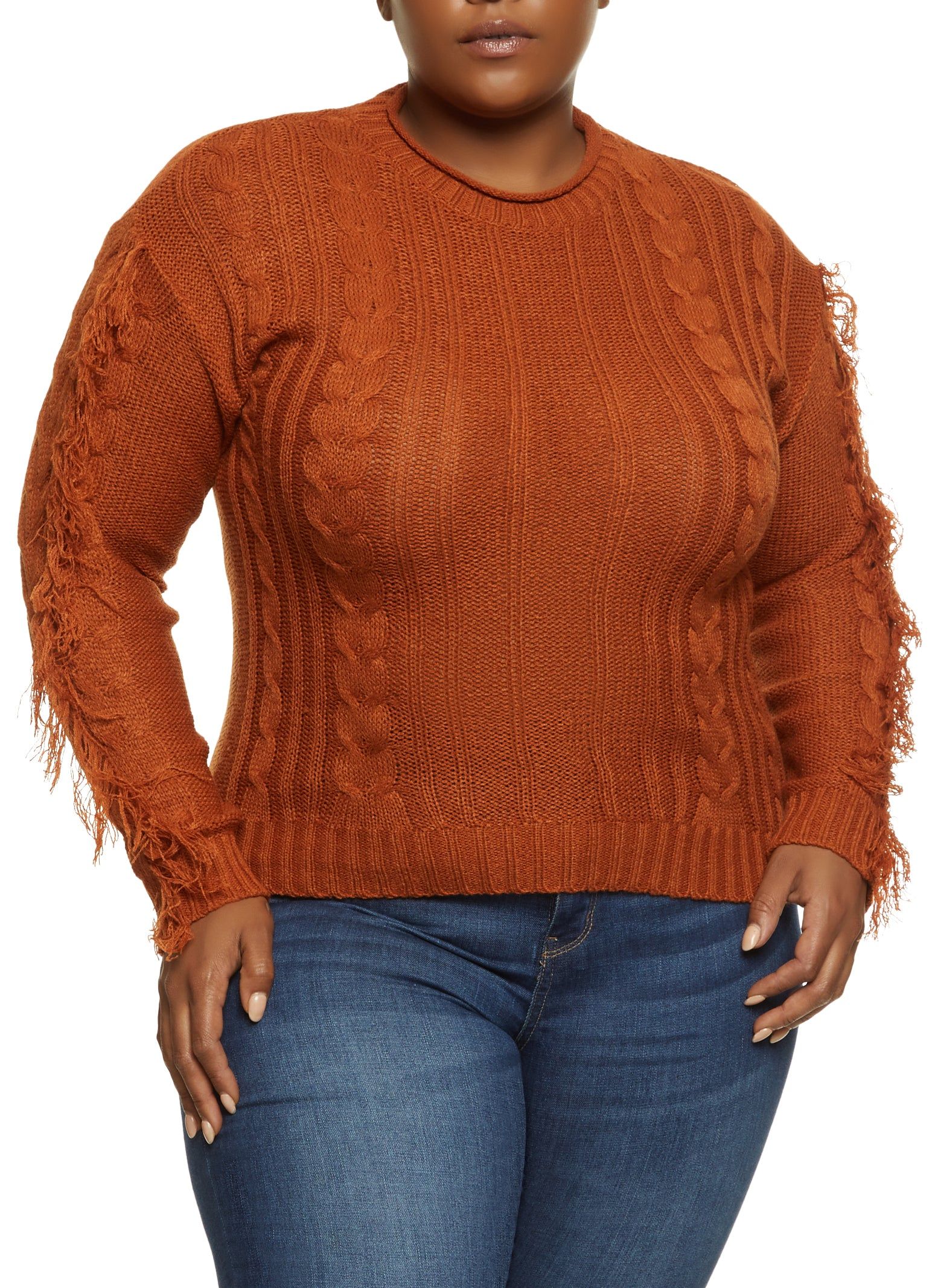 Plus Size Cable Knit Fringe Sweater sold by Rainbow