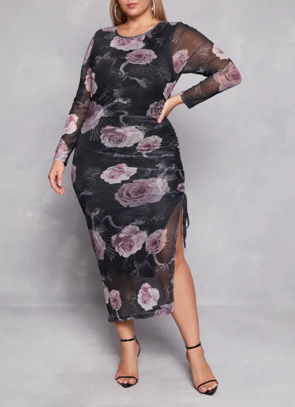 Plus Size Almost Famous Mesh Printed Side Slit Dress sold by Rainbow
