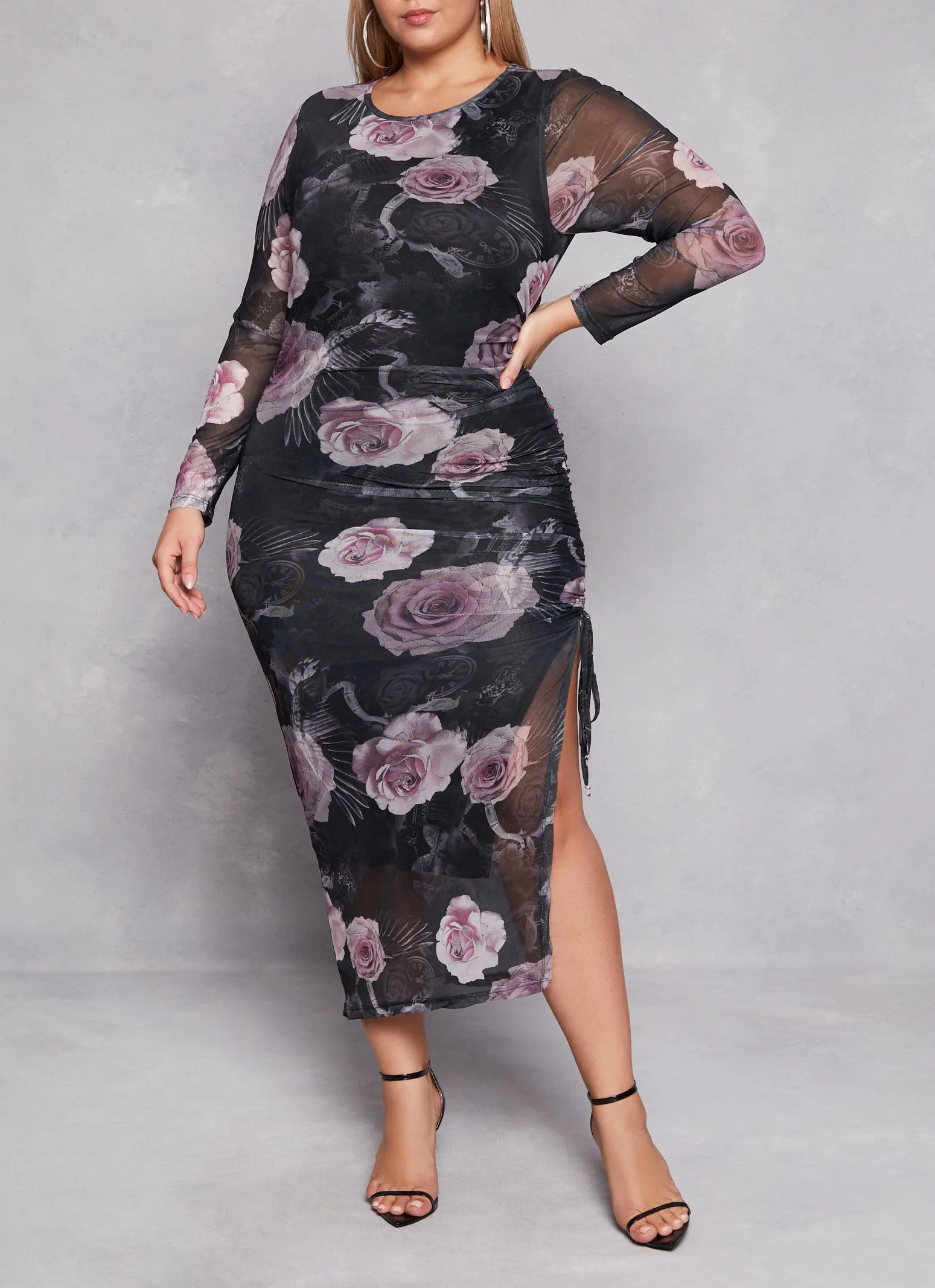 Plus Size Almost Famous Mesh Printed Side Slit Dress sold by Rainbow