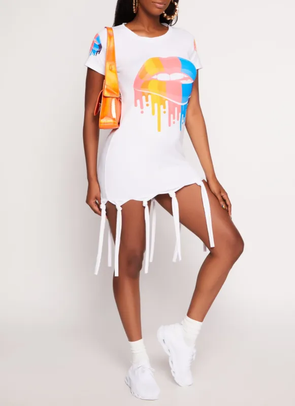 Rainbow Lip Graphic Knot Fringe Dress sold by Rainbow