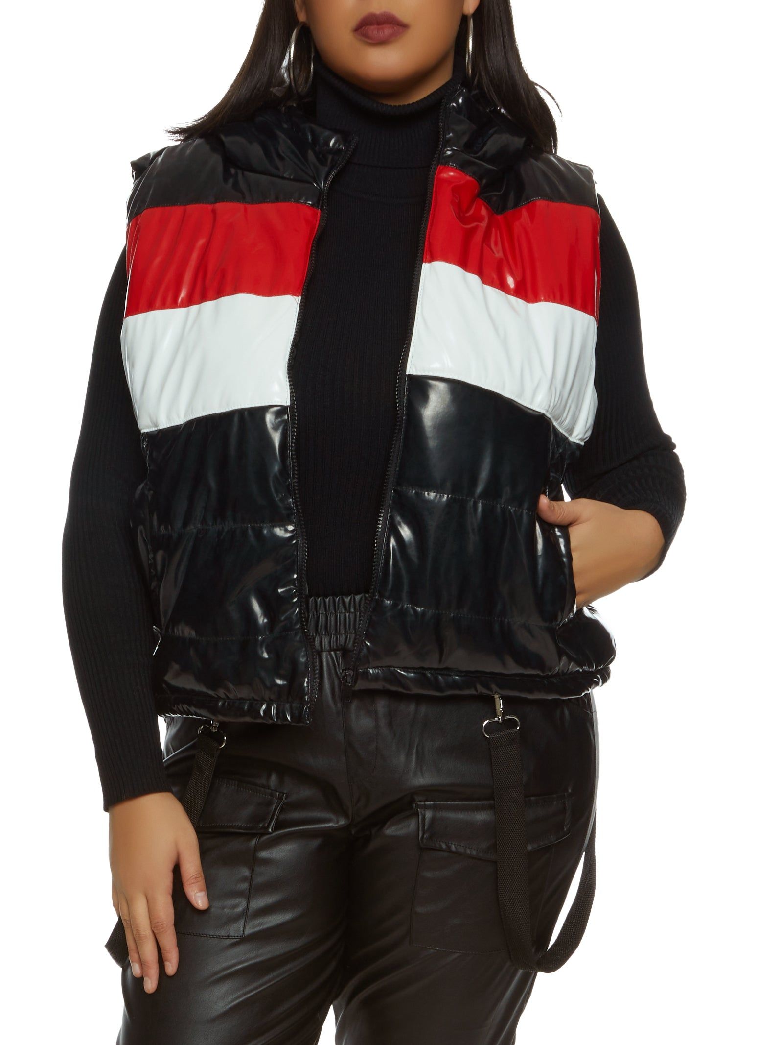 Plus Size Color Block Faux Patent Leather Puffer Vest sold by Rainbow